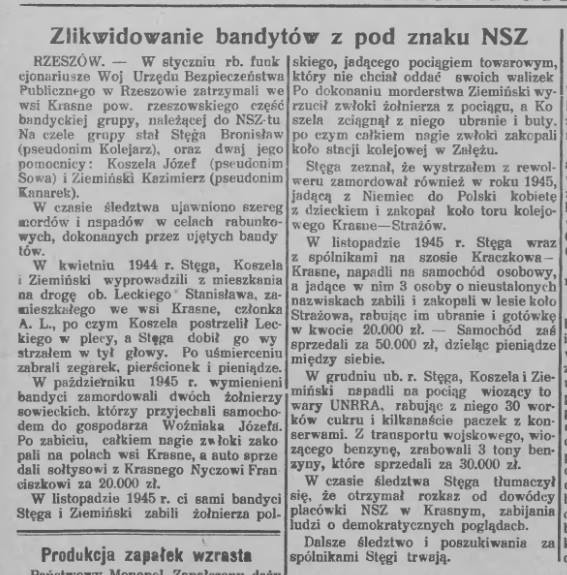 Bronisław Stęga ps. Kolejarz - Fragment gazety propagandowej