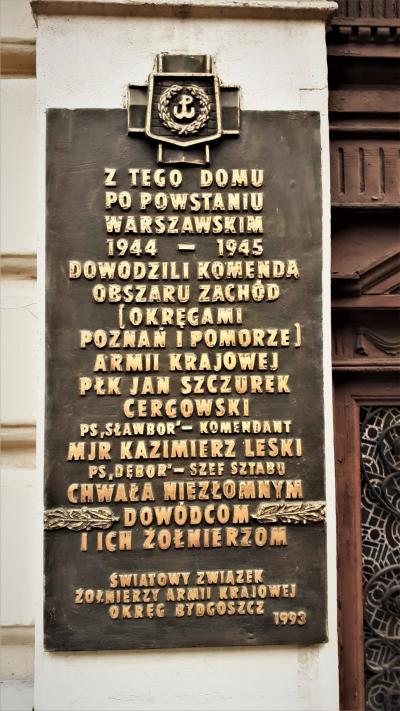 Tablica upamiętniająca siedzibę Dowództwa Armii Krajowej Komendy Obszaru Zachód - Bydgoszcz