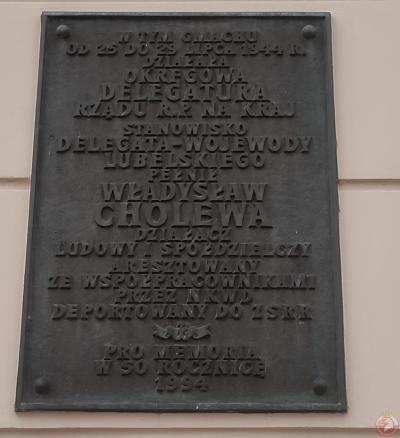 Tablica upamiętniająca siedzibę Delegatury RP na Kraj oraz Władysława Cholewę - Lublin