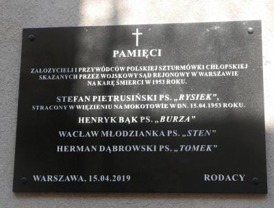 Tablica pamięci przywódców Polskiej Szturmówki Chłopskiej - Warszawa