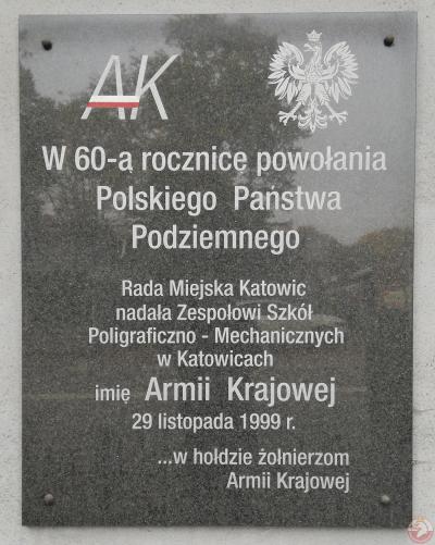 Tablica upamiętniająca Polskie Państwo Podziemne - Katowice